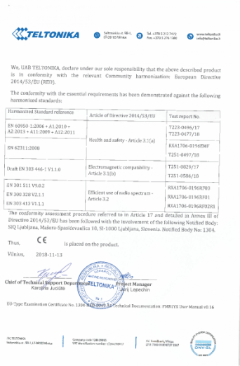 Сертификат Teltonika FMB110 FMB120 FMB122 FMB125 Сертификат Teltonika FMB110 FMB120 FMB122 FMB125
