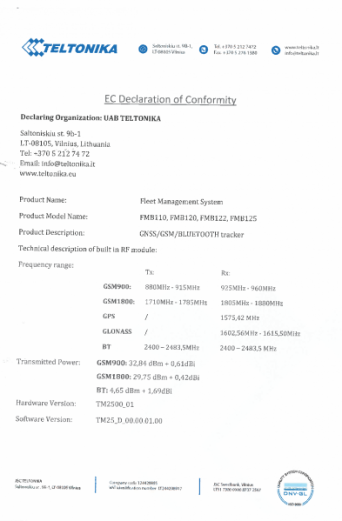 Сертификат Teltonika FMB640 Сертификат Teltonika FMB630 FMB640