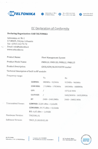 Сертификат Teltonika FMB110 FMB120 FMB122 FMB125 Сертификат Teltonika FMB110 FMB120 FMB122 FMB125
